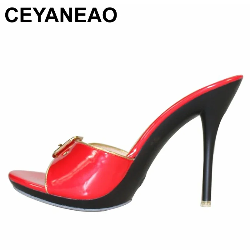 

CEYANEAO Candy Color Slippers Women Shoes Sexy Patent Leather High Heel 10.5CM Pointed Toe Sandals Shoes Women Female Wedding