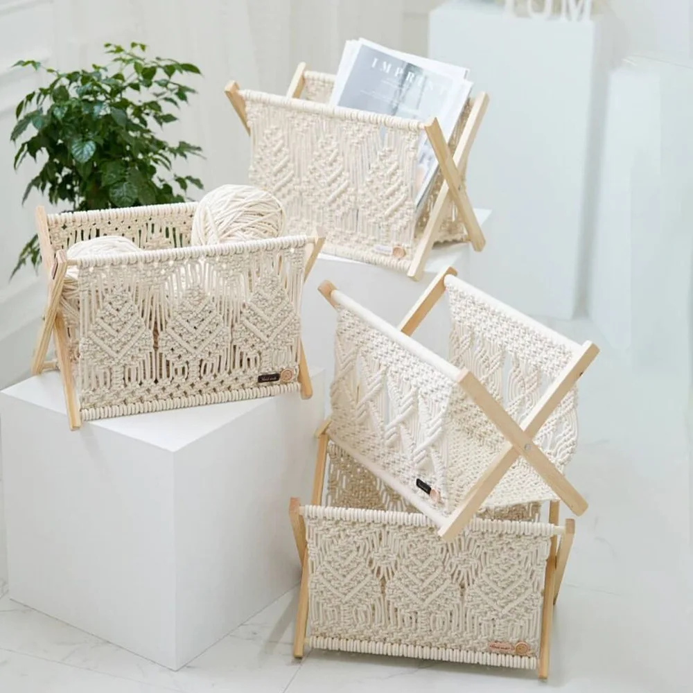 INS Nordic Cotton Rope Woven Basket Rectangle Macrame Storage Basket Magazine Rack Organizer Boho Home Desktop Storage Rack