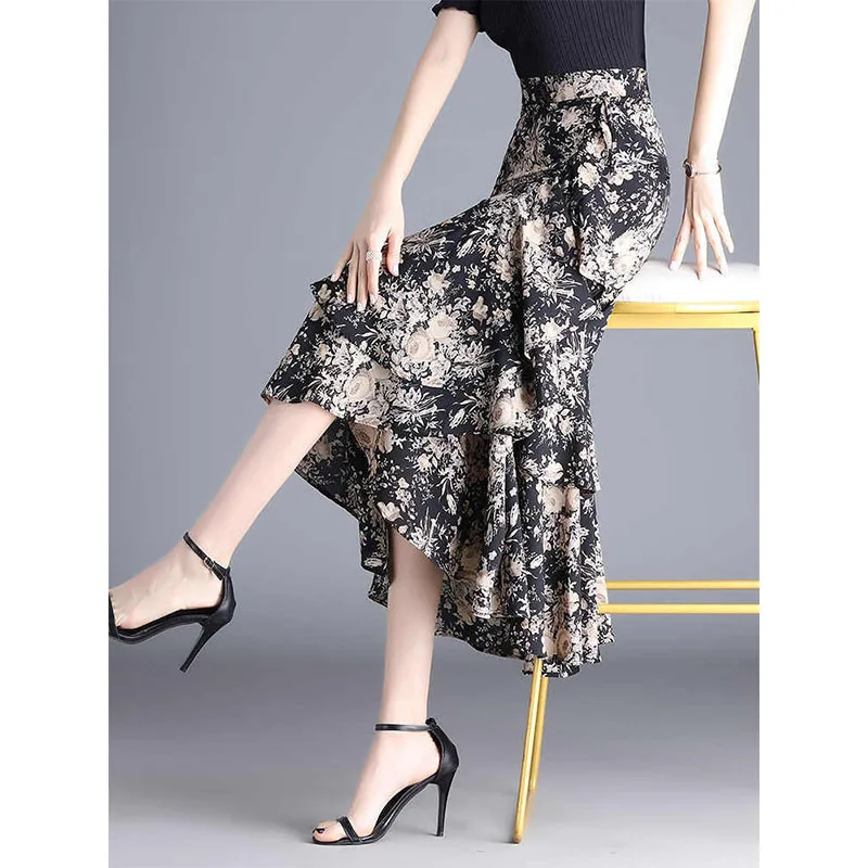 봄과 여름 여성을위한 꽃 연꽃 잎 쉬폰 스커트 새로운 불규칙한 새로운 Fishtail 중간 길이 스커트