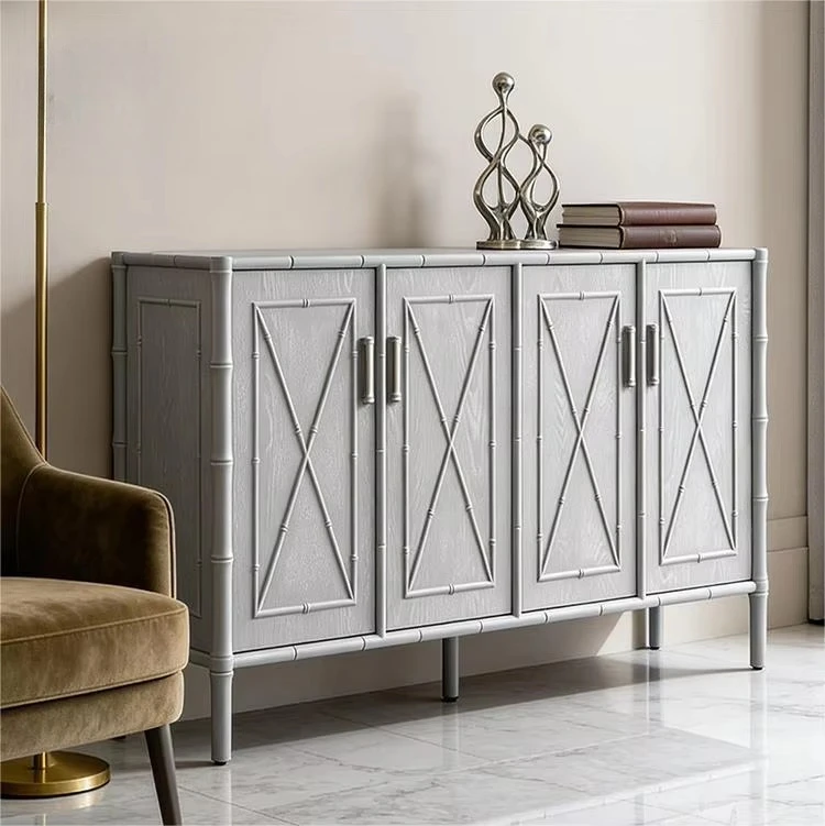 eo-Modern Sideboard MDF Body 4 Door Design Bamboo Texture Surface X-Cross Decoration for Home Interior Furniture Setup Aparador^