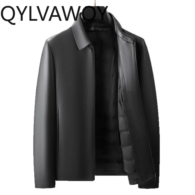 

Куртка QYLVAWOY из натуральной овчины для мужчин, с отложным воротником, со съемной подкладкой из гусиного пуха, высококачественная, утепленная, теплая
