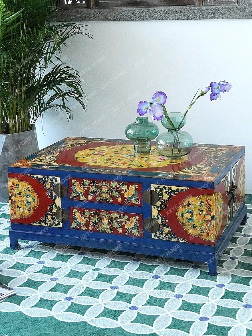 Retro old hand-painted living room floor cabinet coffee table rotating shaft with storage tea table