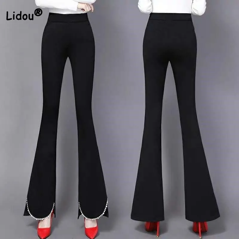 

Fashion Slim All-match Beading Spliced Flare Pants Female Autumn Winter Solid Color Elastic High Waist Trousers Women's Clothing