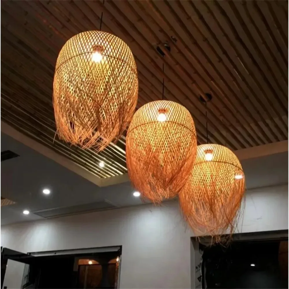 Chinese Style Bamboo Lamp Shade Hand Woven Chandelier E27 Pendant Lamps for Home Dining Table Room Led Lights Fixture Decoration