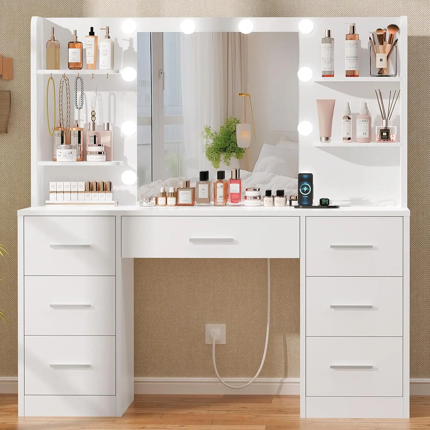 

Large Vanity Desk with LED Mirror & Power Outlet 7 Drawers 4 Shelves 5 Hooks Bedroom Bathroom White, Customized