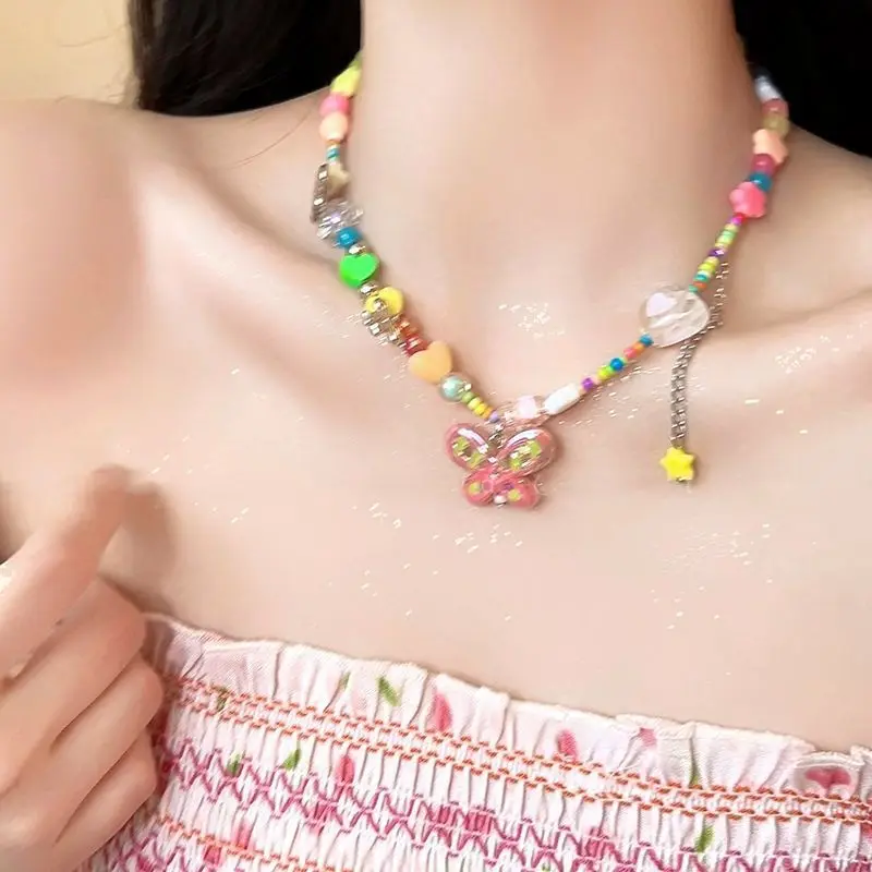 Y2K Rainbow Candy Beaded Butterfly Necklace for Women Girls Colorful Beads Star Pendant Choker Sweet Dopamine Style Jewelry Gift