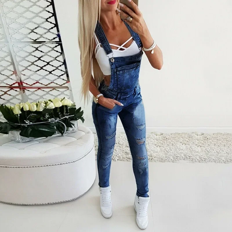 2024 Women\'s Fashion Pocket Decor Ripped Denim Bib Casual Overalls One Piece Skinny Leg Distressed Jeans Jumpsuits Autumn Wear