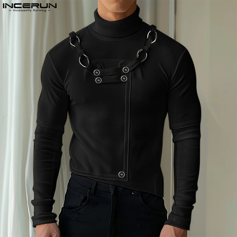 2024 INCERUN Men American Fashion Tops Casual Solid Long SLeeve Pullovers High Collar Button Elegant Streetwear Male Outfits