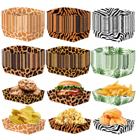Jungle Animal Paper Food Trays Mini Snack Trays Food Boat Box Leopard Print Popcorn Trays Safari Theme Birthday Party Supplies