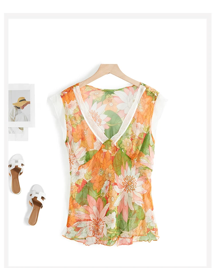 

New silk chiffon vest women's sleeveless thin style sexy V-neck printed fashionable versatile top