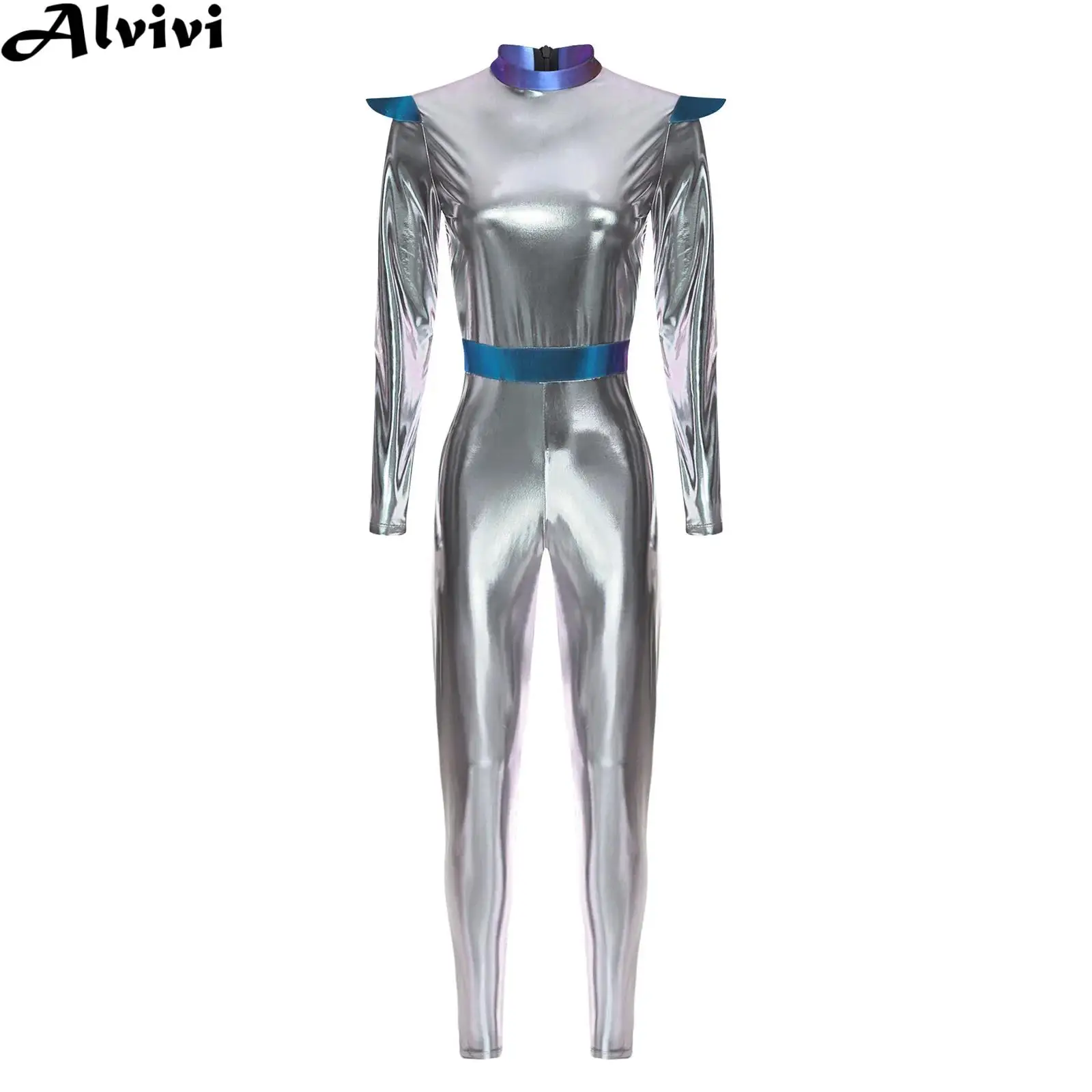 

Women Long Sleeve Metallic Shiny Jumpsuit Dancewear Clubwear Halloween Party Alien Space Robot Galaxy Warrior Astronaut Costume