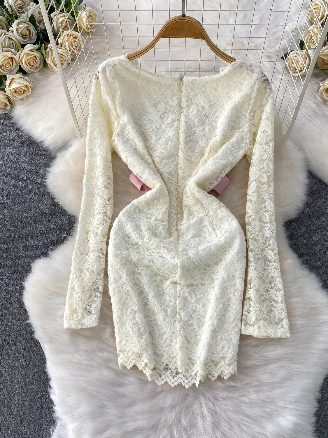 Ele الدانتيل طويل Sve V-ne Dr المرأة الخريف الشتاء تصميم عقدة الخصر التخسيس ort تنورة Bodycon Dr #4