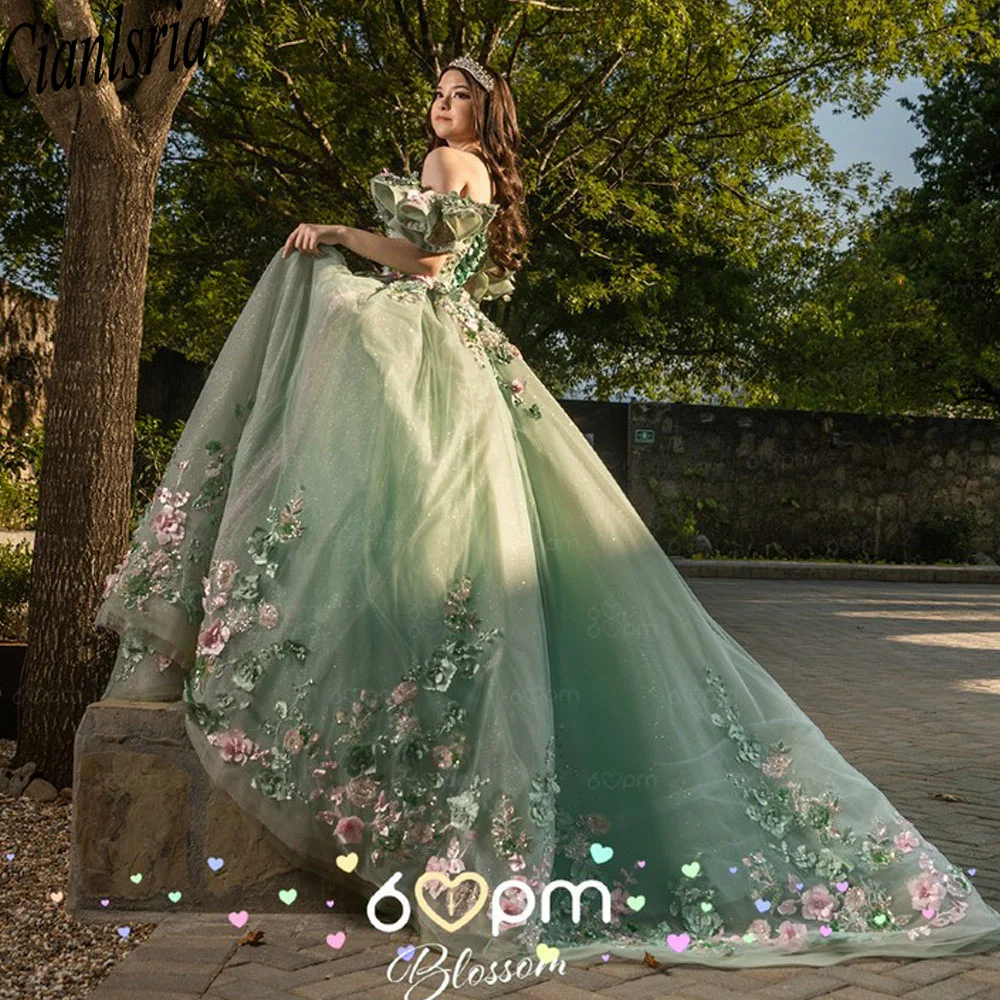 

Glittering Green Quinceanera Dresses Ball Gown Off-Shoulder Vestidos De 15 Anos Beading Formal Princess Party Customized
