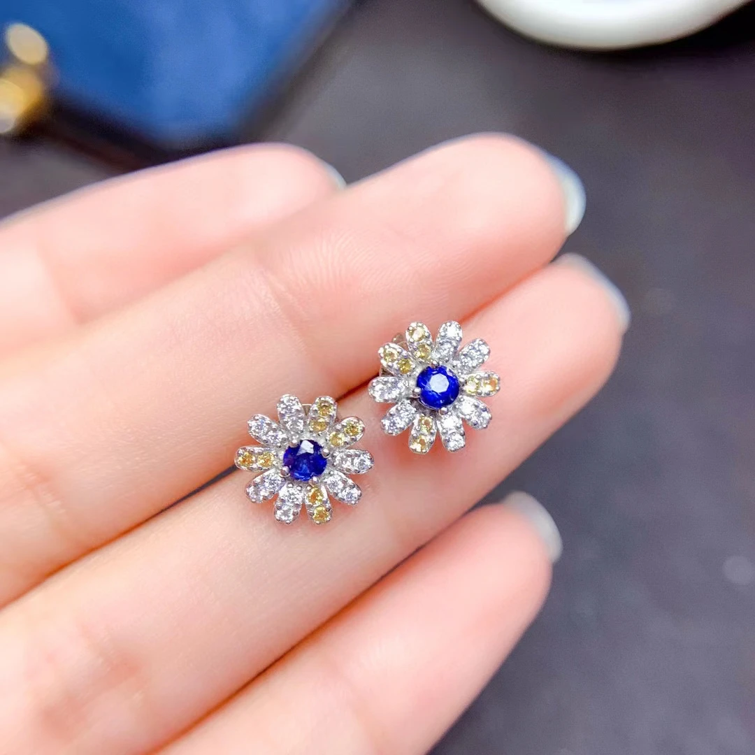 

MeiBaPJ 3mm Natural Sapphire Gemstone Flower Stud Earrings for Women Real 925 Sterling Silver Charm Fine Jewelry