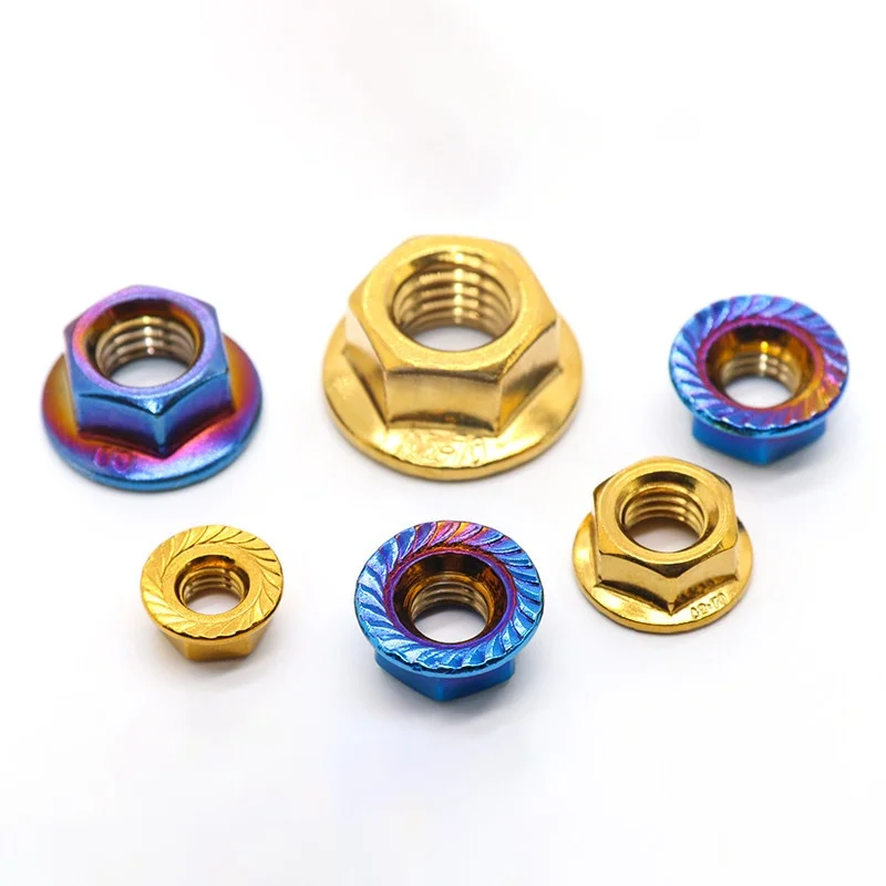 Beicai M4 M5-M12 Flange Hex Nuts Blue/Gold SUS304 Stainless Steel Hexagon Serrated Lock Spinlock Flange Nut For Motorcycle Bike
