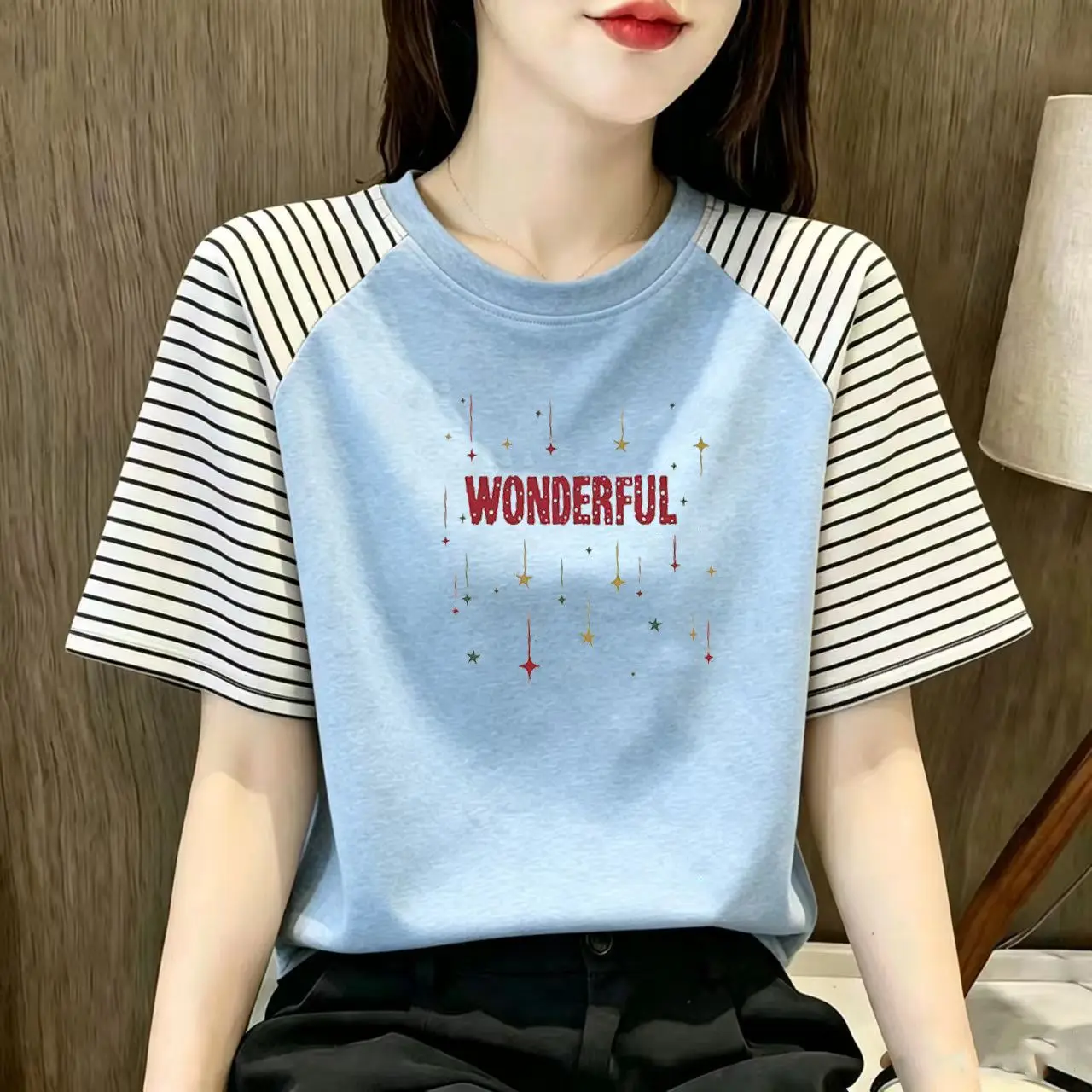 2026 New Summer Cotton Loose Striped Block Crew Neck Short Sleeve T-shirt Women's Light Blue Tummy Control Versatile Top
