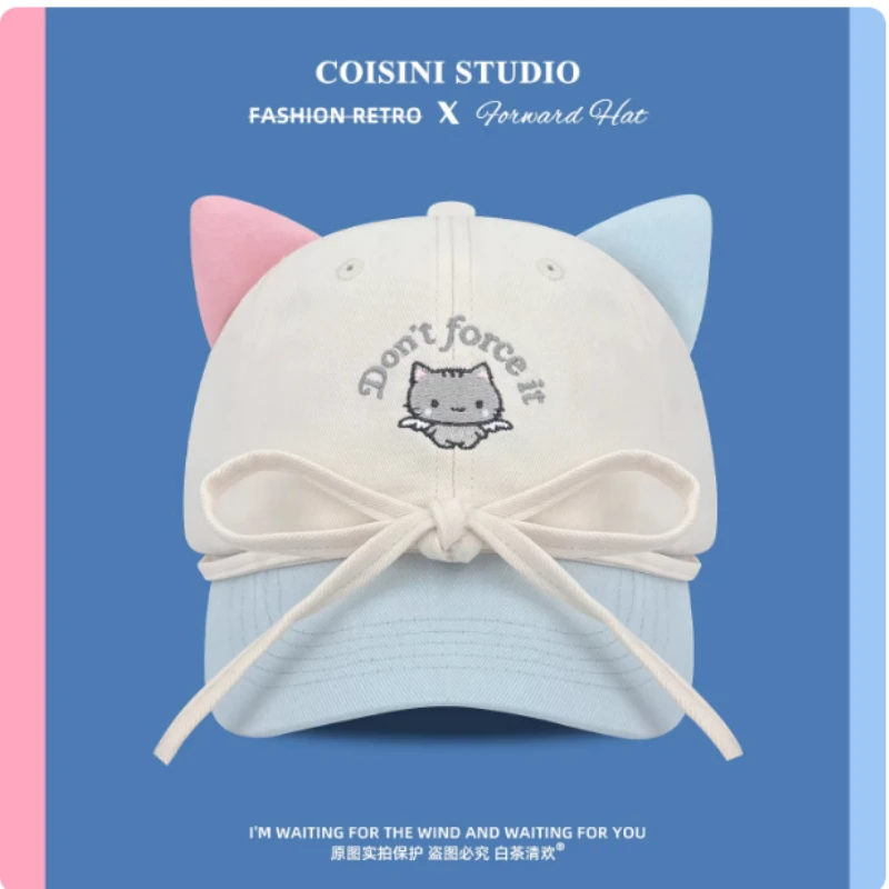 

Корейская бейсболка с кошачьими ушками, цветными блоками, бантом и шнуровкой, весенне-осенняя, с милой вышивкой, солнцезащитная, хлопковая, с козырьком