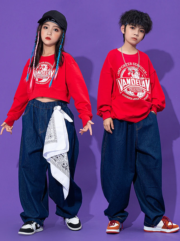 

Children Street Dance Costume Hip Hop Clothing Boys Sweatshirt Denim Pants Girls Jazz Practice Wear Casual Kpop Clothes BL9988