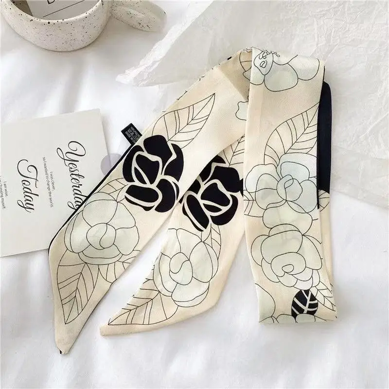 

Fashion Twill Silky Long Strip Tied Headband Bow Floral Tied Bag Ribbon Scarf Headbands For Women Bag Handles Silk Scarf Ribbon