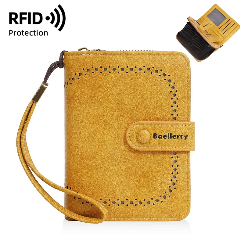 

Fashion Hollow Design Women Wallet Wrist Handle Short Money Pocket Pouch with Multi-slots RFID Card Holder Women's Purse Yellow