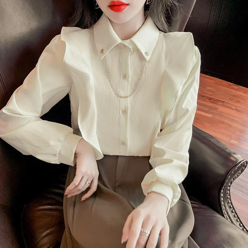 Spring Autumn Retro Korean Style Ruffles Elegant Chic Chain Women\'s Button Up Shirt Long Sleeve Office Ladies Blouse Tops Blusas