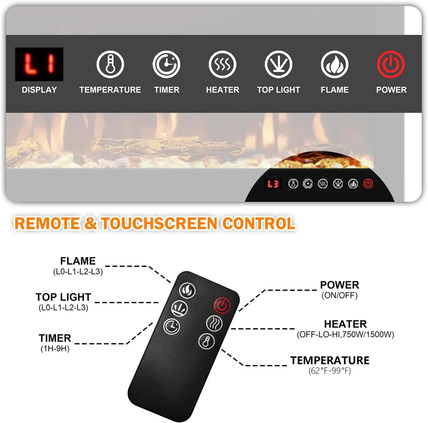 60 inch Electric Fireplace, Recessed and Wall Mounted Slim Electric Fireplace, 750/1500 Watt Heater Fireplace, Log & Crystal Hea