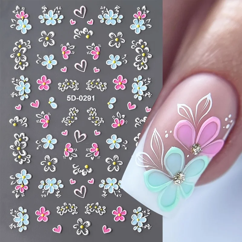 1Piece Pack 5D3D Embossed Flower Nail Stickers Pink and blue petals, butterfly, heart, French lines Acrylic Spring/Summer Floral