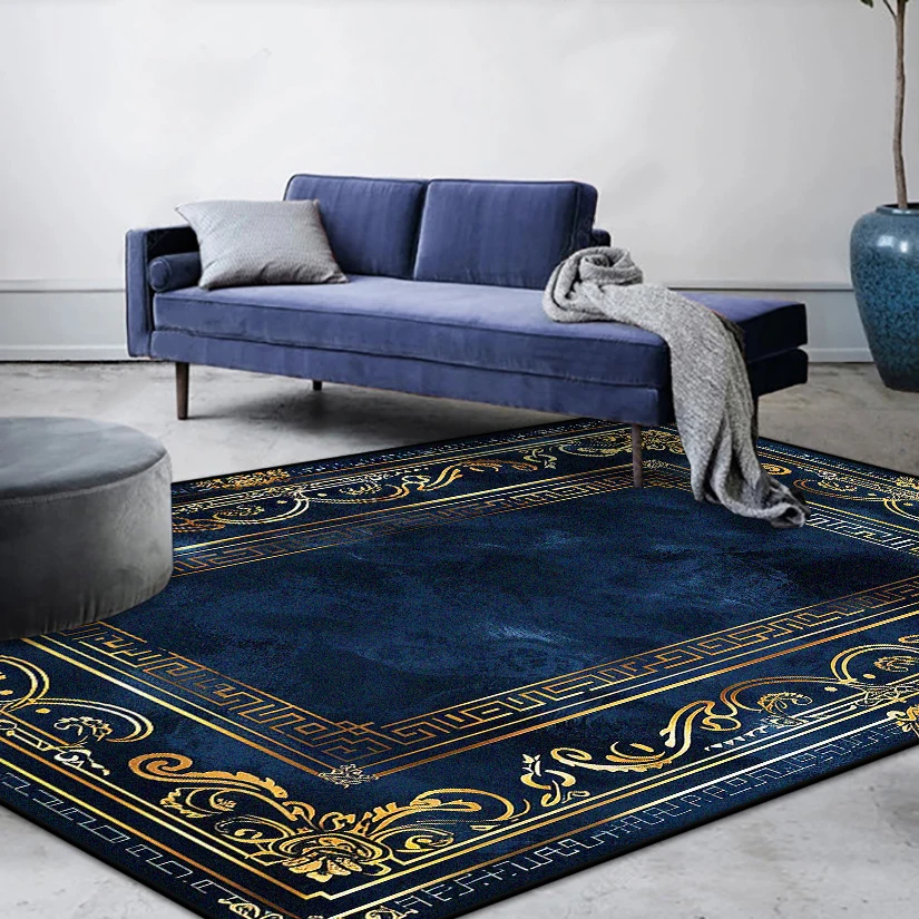 

Modern Blue Luxury Carpet with Golden Border Non-Slip Living Room Rug Soft Washable Sofa Table Mat for Bedroom Home Decoration