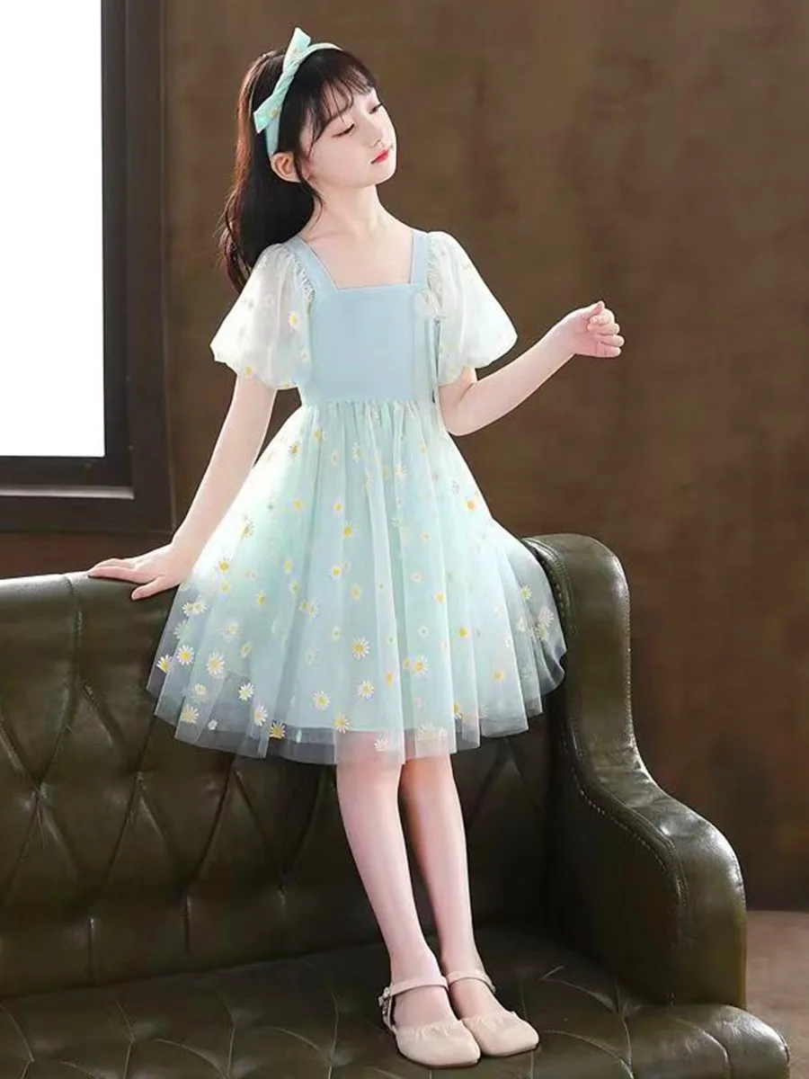 プリンセススタイル花柄プリントサマードレス-女の子用-子供用おしゃれスカート-ポリエステル繊維-クラスb安全基準-ウエストゴム入り