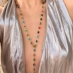 Bohemian Colorful Glass Long Y-Shaped Necklace Metal Collarbone Chain Gold Silver Color Summer Holiday Party Body Jewelry Gifts