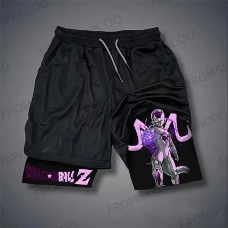 Dragon Ball 2025 Pantalones cortos de entrenamiento negros calientes Estampado de luchador morado plateado con letras rosas de texto Bxl Gris Cordón Anime