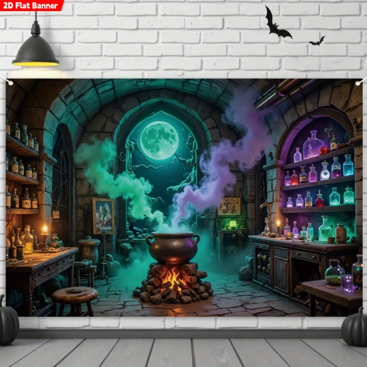 Gothic Halloween Tapestry Witch Cauldron Full Moon Wall Art Spooky Apothecary Decor Haunted Moon Cottagecore Hanging Print