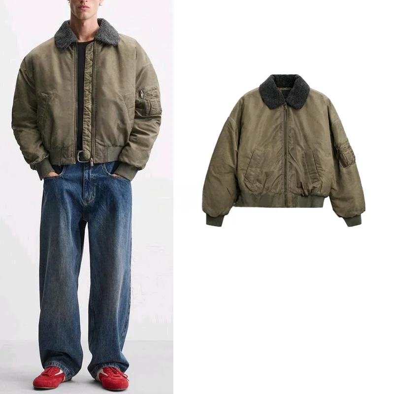 

Retro Casual Patchwork Removable Collar Pilot Jaet Outerwear New Autumn Winter Men's Faion Cotton Clothing Warm Long Sve