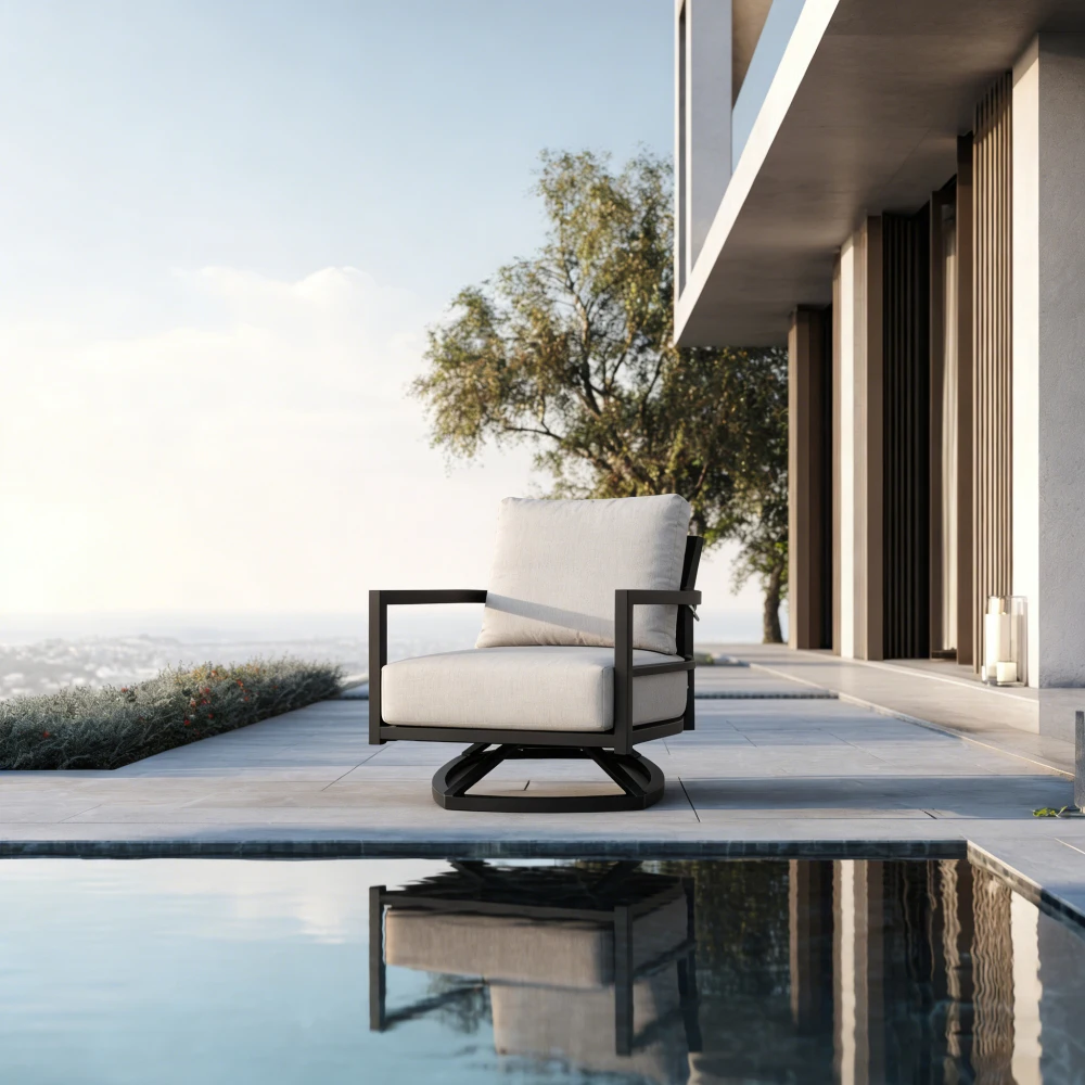 

Современное уличное кресло-шезлонг с поворотным механизмом и цельной сварной конструкцией – черный алюминиевый каркас, эргономичная спинка, основание в форме лодки, вращение на 360 градусов ° Поворотный механизм, подушка Sunbrella