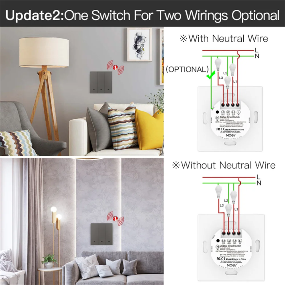 Tuya Zigbee Smart Light Switch No Neutral Wire 1/2/3 Gang Push Button Wall Switch Works With Smart Lfie APP Alexa Google Home