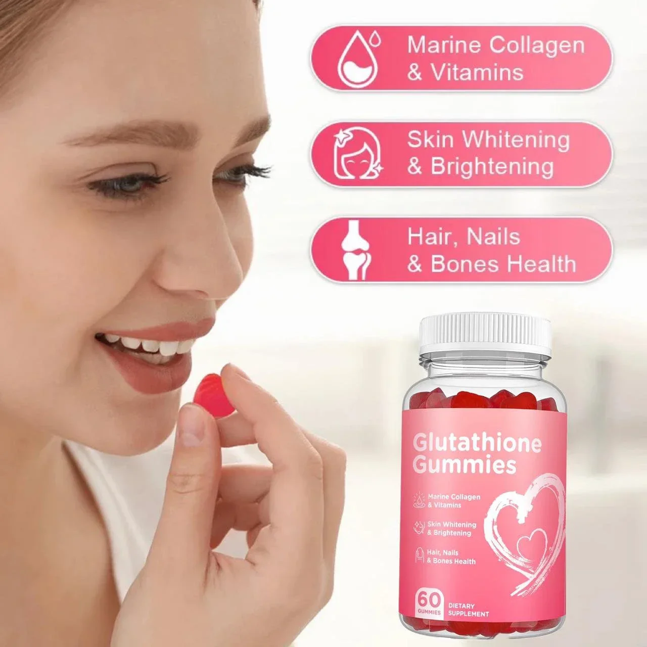 

Glutathione capsule supplements collagen to maintain whitening and softening skin and reduce fine lines and wrinkles.