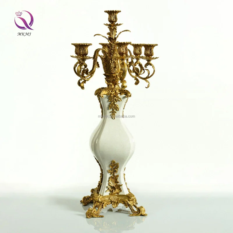 Multi Heads Style Gold Brass Metal Candlestick White Porcelain Luxury Candle Holder Antique Home Decor Ornaments