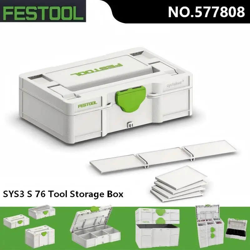 FESTOOL SYS3 S 76 Tool Storage Box, Portable Organizer with Adjustable Dividers for DIY & Pro Use，577808/577817/577818