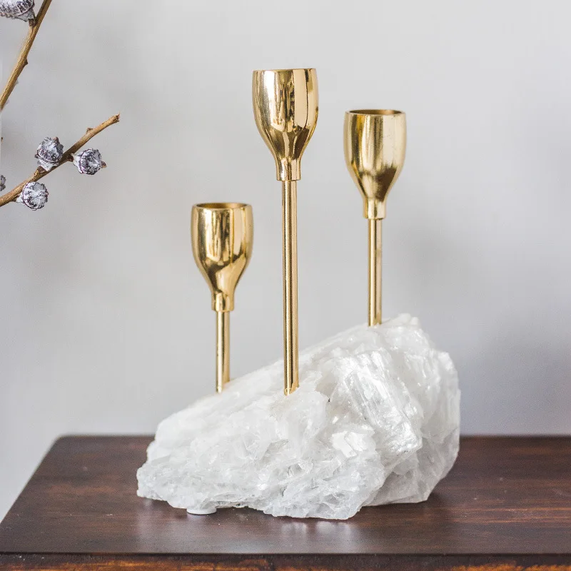 Metal Candlestick Natural Crystal Ore Candle Holder Wedding Centerpieces Gold Stick Home Decoration Accessories