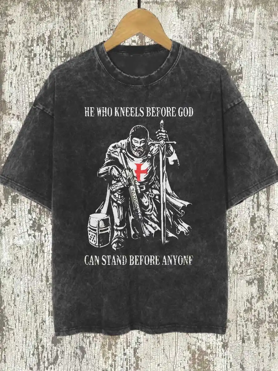 Rheaclots Rock Punk He Who Kneels Before God Can Stand Before Anyone Printed Round Neck Short Sleeve T-Shirt