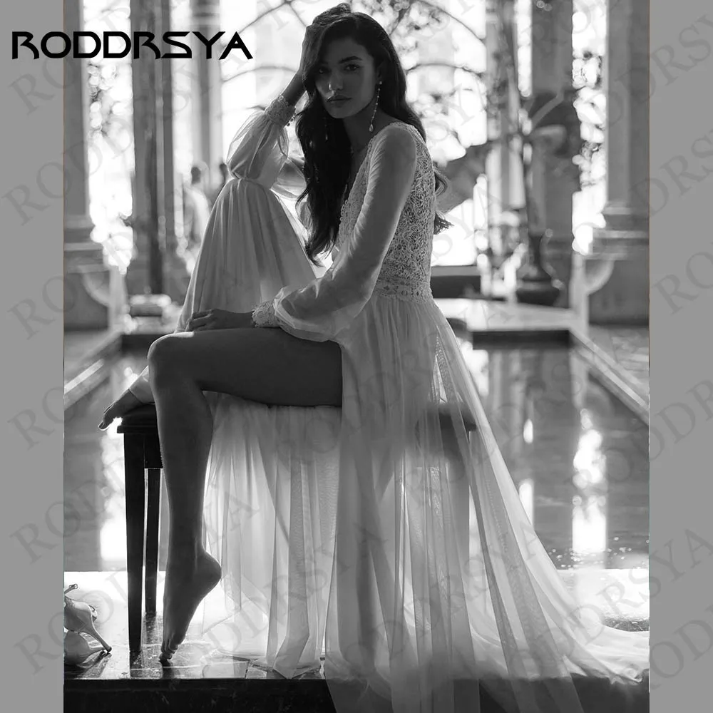 RODDRSYA Boho Wedding Dresses Long Sleeves Beach Lace V Neck Split Chiffon Backless A Line Bridal Gowns Women Robe Mariage Femme