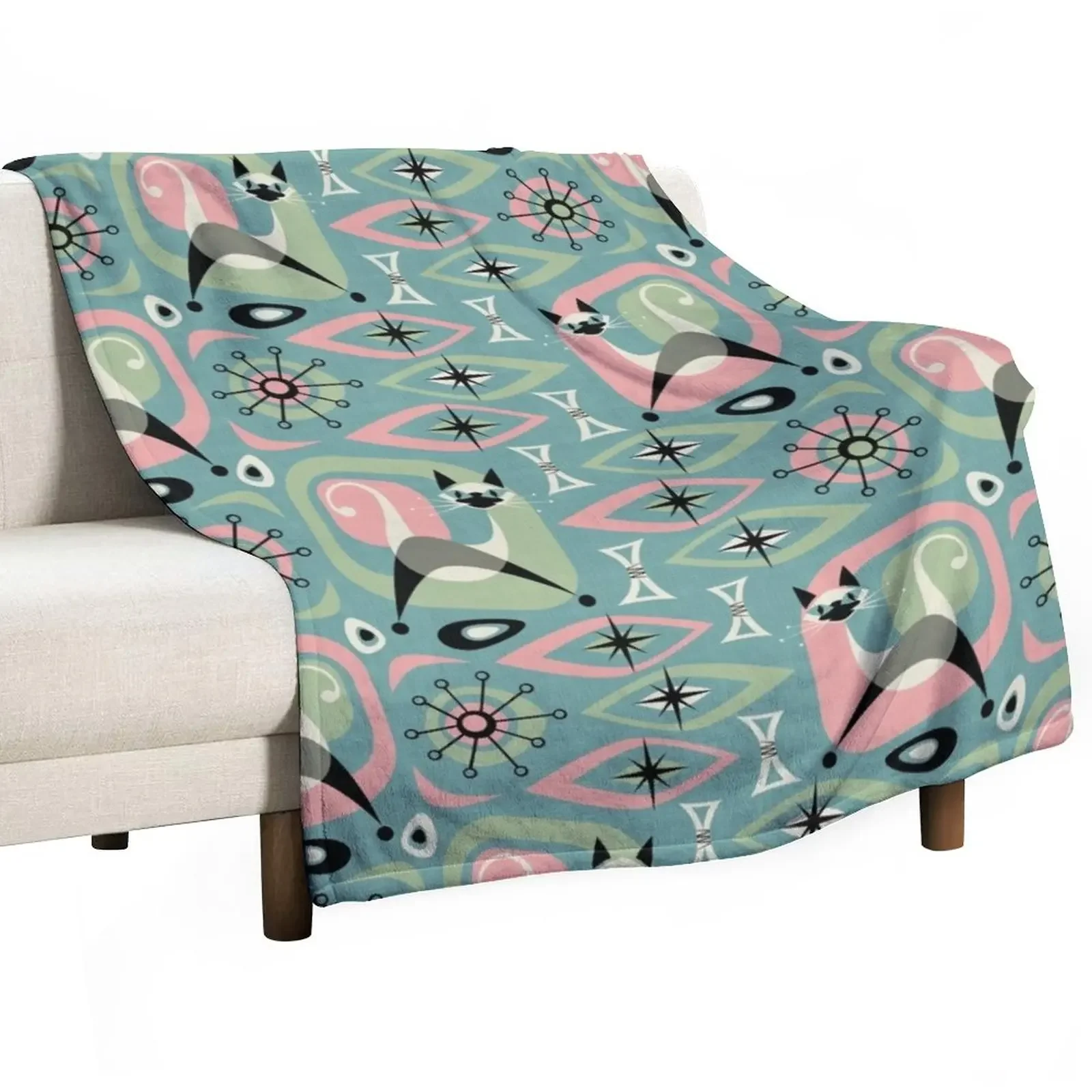 

Mid Century Siamese Cat Abstract on Blue Throw Blanket Thermals For Travel cosplay anime Blankets