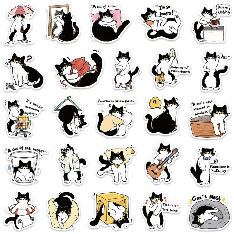 50PCS Cartoon Black and White Cat Animals Graffiti Stickers Phone Guitar Laptop Notebook  Luggage Decorative Decals Kids Toys view 2
