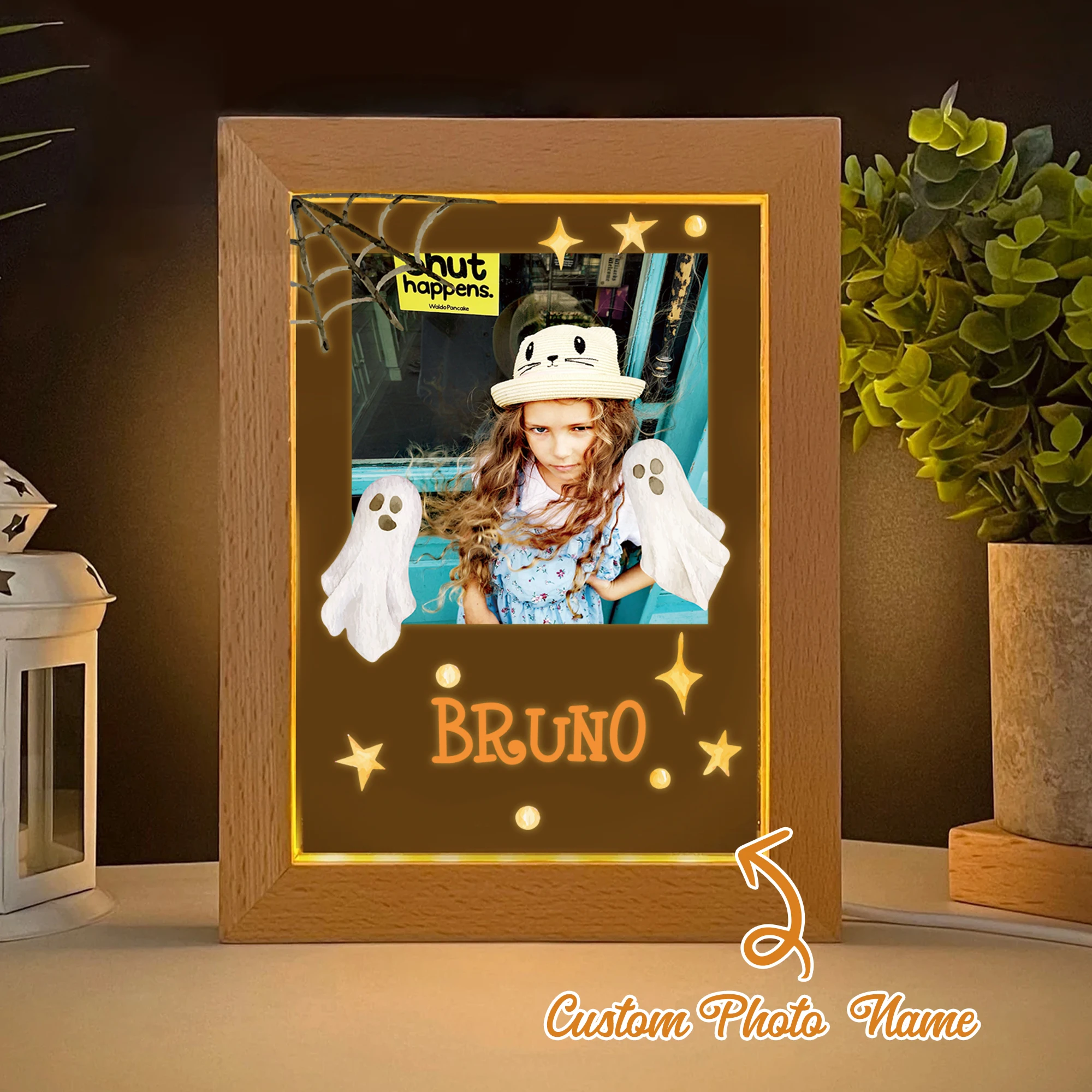 

2D Flat Custom Photo Ghost Spider Web LED Acrylic Night Light Wood Photo Frame 21x17cm Halloween Bedroom Gifts Home Decoration