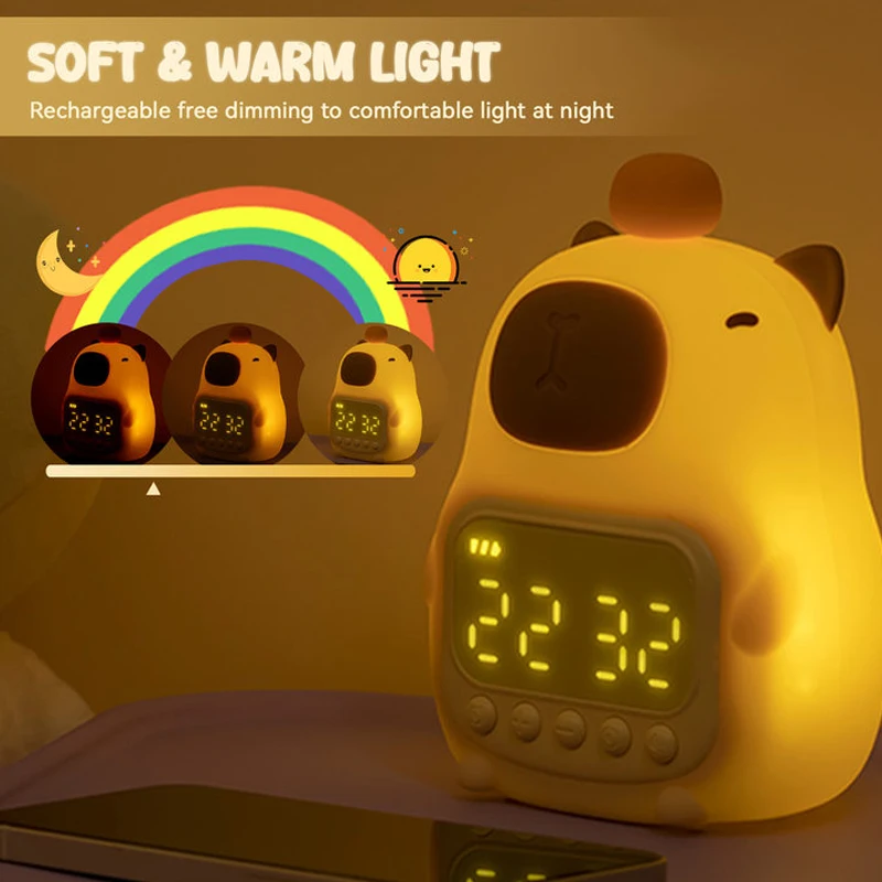 Capybara-reloj despertador con luz nocturna para niños, lámpara de noche con forma linda, sincronización de carga, iluminación de Snooze, decoración