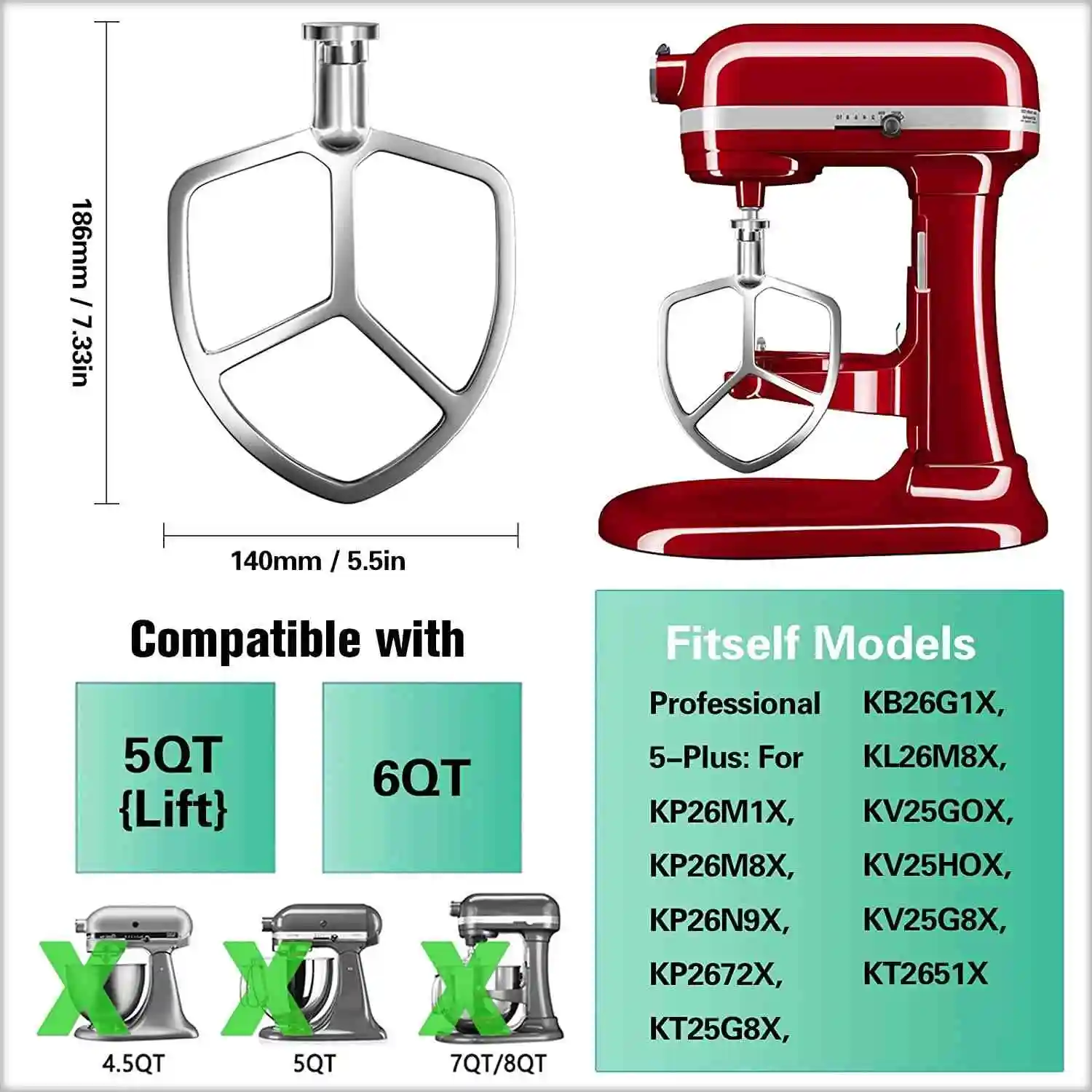 For Kitchenaid 6 Quart Mixer Aid Attachment Parts AccessoriesStand Mixer Wire Whip& Dough Hook&Mixer Aid Paddle