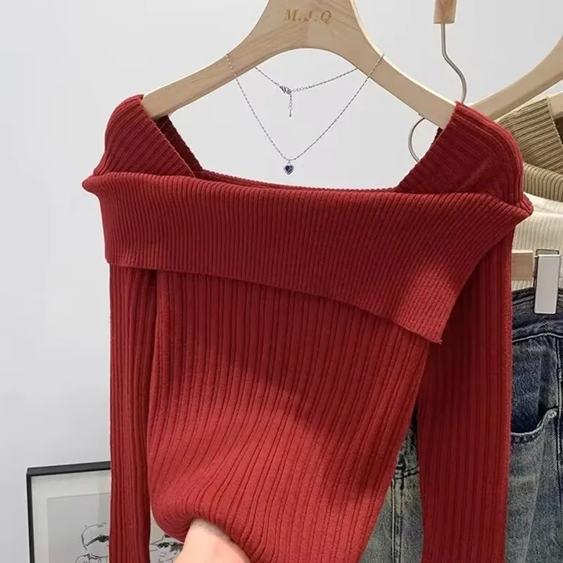 

Sexy Straight Shoulder Knitted Sweater Spring Autumn Elasticity Slim Split Short Sweater Long Sleeve Office Lady Base Shirt