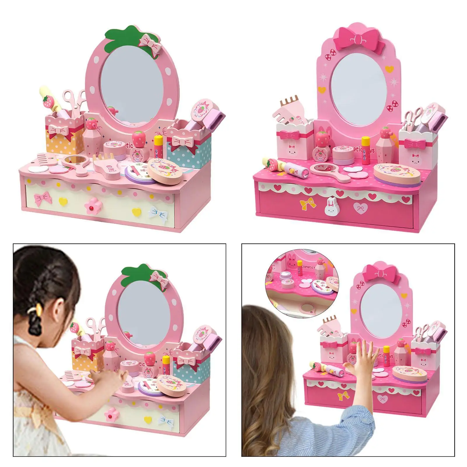 Wooden Vanity Set for Kids, Pretend Play Makeup Vanity Table Toy, Role Play Fine Motor Skill Make up Accessories for Indoor