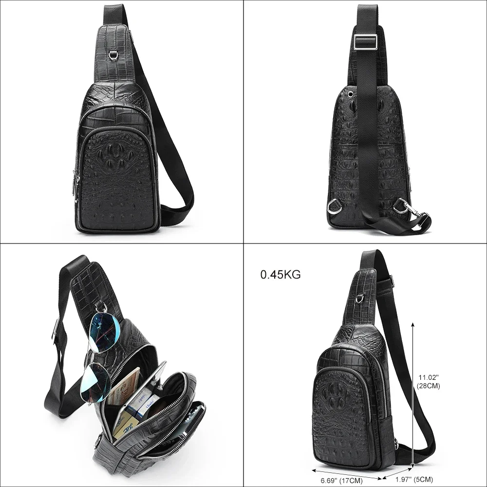 Genuine Leather Sling Bag Anti-Thief Crossbody Bags Chest Pack Man Shoulder Bag For Sport Crocodile Pattern Headphone Hole