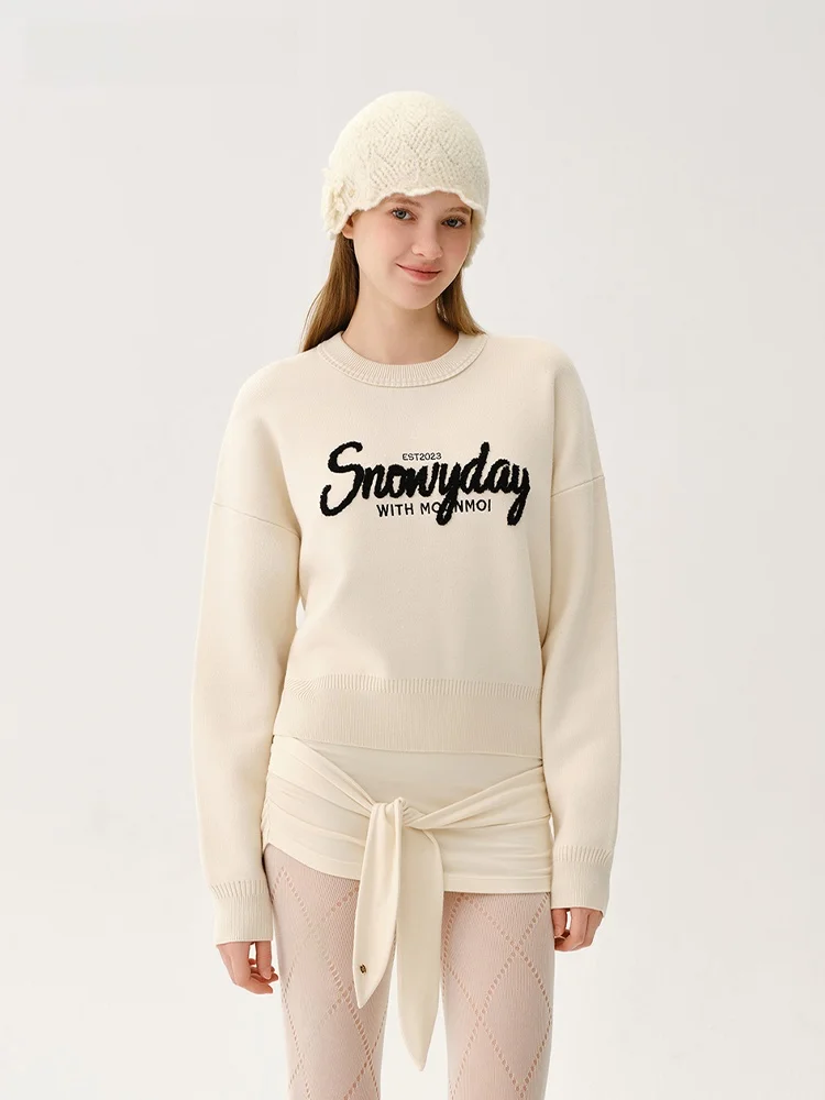 

Вязаный свитер Moonmoi Lazy Ternoon с круглым вырезом и мягкой вышивкой, женский комфортный базовый слой, повседневный топ с длинными рукавами